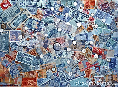 Colorful old World Paper Money background coins Editorial Stock Photo