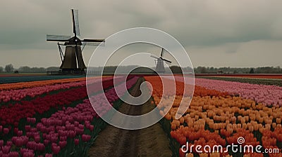 Colorful open field with beautiful tulips. Generative AI Stock Photo