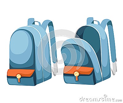 Colorful opened and closed school bags. Empty rucksack. Backpack with zippers. Cartoon design. Flat illustration isolated Cartoon Illustration