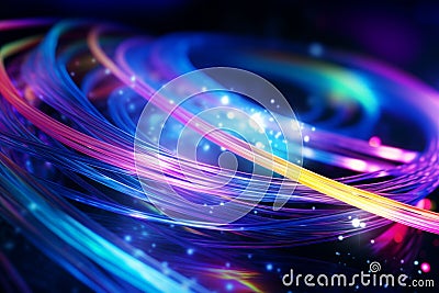 Colorful optic fiber electrical cables wires neon waves lines abstract 3d ai design background pattern glow colored Stock Photo