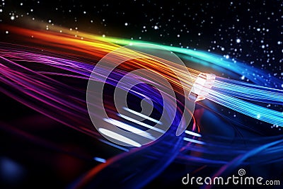 Colorful optic fiber electrical cables wires neon waves lines abstract 3d ai design background pattern glow colored Stock Photo
