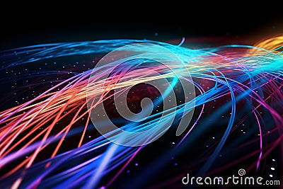 Colorful optic fiber electrical cables wires neon waves lines abstract 3d ai design background pattern glow colored Stock Photo