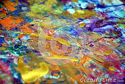 Colorful orange yellow purple gold paint blurred splashes, colorful vivid waxy colors, contrasts creative background Stock Photo