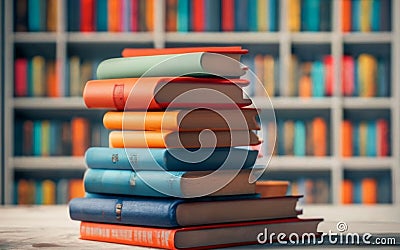 A colorful, organized bookshelf full of knowledge. Stock Photo