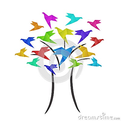 Colorful origami birds crane on tree, business logo, education c Vector Illustration