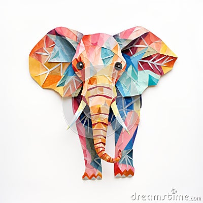 Colorful Origami Elephant Sculpture: Paper Craft And Watercolor Art Stock Photo