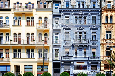 Colorful ornate historic building facade. Front view. Karlovy Vary, Czech Republic Stock Photo