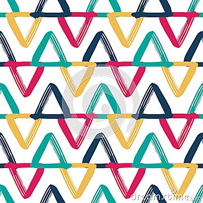 Colorful overlapping triangles seamless vector pattern. Geometric zigzag kids background white, pink, blue, yellow, teal Vector Illustration