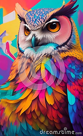 Colorful owl graffiti: a street art avian extravaganza Stock Photo