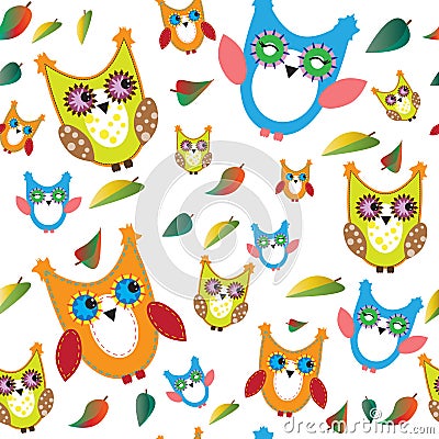 Colorful owls and autumn leaves Vector Illustration