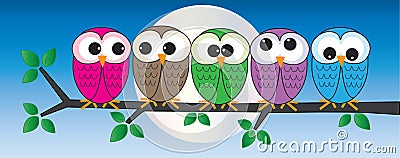 Colorful owls sitting on a branch Vector Illustration