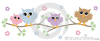 Colorful owls in a tree Vector Illustration