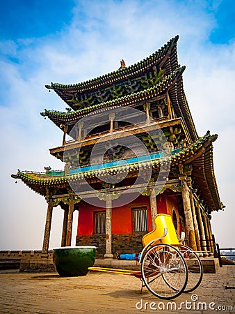 Pagoda on top of Pingyao massive city walls Stock Photo