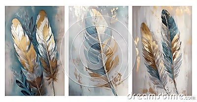 colorful paint feathers artwork watercolor art design. Modern wall poster abstract golden lines art decorative painting Stock Photo