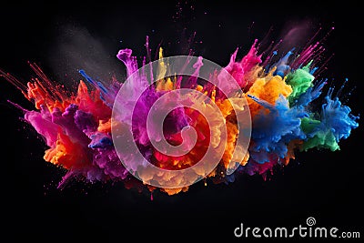 Colorful paint splashes isolated on black background. 3d rendering, color dust splash on a dark black background, AI Generated Stock Photo