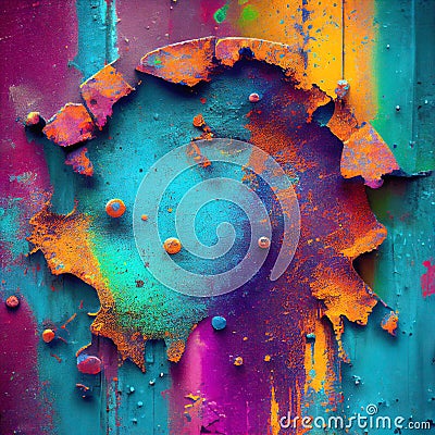 Colorful paint splatter on rust steel texture. Metal wall old style. Ruins material abstract background illustration with Cartoon Illustration