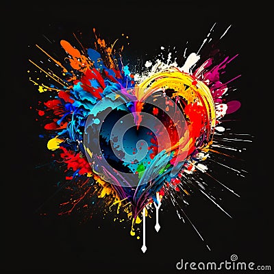 Colorful paint splattered heart on black background. Generative AI Stock Photo