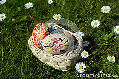 Colorful painted easter eggs on a basket on a green grass Stock Photo