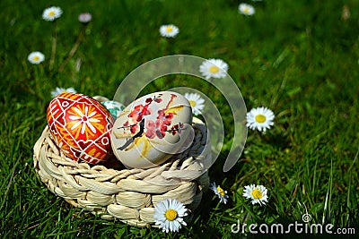 Colorful painted easter eggs on a basket on a green grass Stock Photo