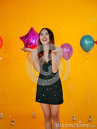 The colorful painted Easter eggs in the basket in the studio false allegation Stock Photo