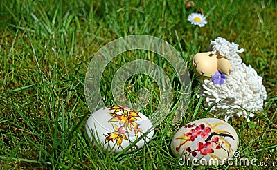 Colorful painted easter eggs on a green grass Stock Photo