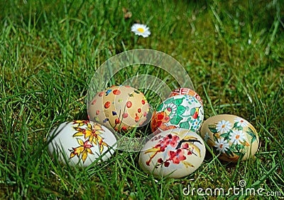 Colorful painted easter eggs on a green grass Stock Photo