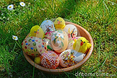 Colorful painted easter eggs on a green grass Stock Photo