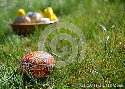 Colorful painted easter eggs on a green grass Stock Photo