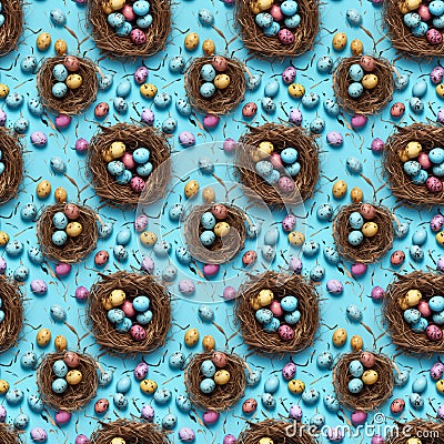 Colorful painted eggs in nests on a bright blue background, top view. Easter holiday flat lay. Seamless designer pattern Stock Photo