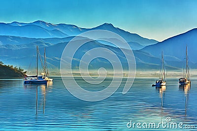 Colorful painting of anchored yachts at misty morning Stock Photo