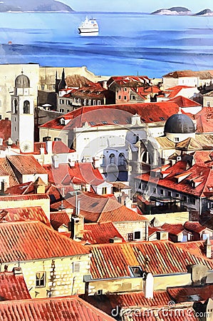 Colorful painting of cityscape of Dubrovnik Stock Photo