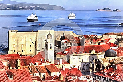 Colorful painting of cityscape of Dubrovnik Stock Photo