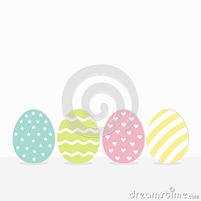 Colorful painting Easter egg set. Row of painted eggs shell. Heart, star, dot, line striped shape pattern. Light color. White back Vector Illustration