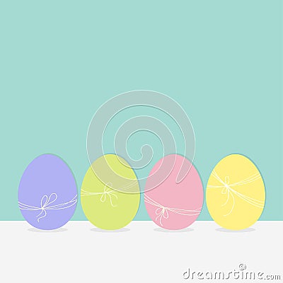 Colorful painting Easter egg set. Row of painted eggs shell with thread and bow. Light color. Blue background. Isolated. Flat Vector Illustration