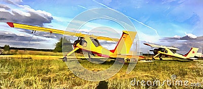 Colorful painting of light aircraft planes parked at a grass airfield Stock Photo