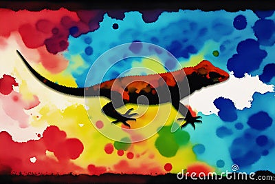 A colorful painting of a lizard on abstract watercolor background. Watercolor painting of the chameleon. Generative AI Stock Photo