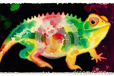 A colorful painting of a lizard on abstract watercolor background. Watercolor painting of the chameleon. Generative AI Stock Photo