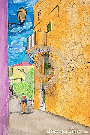 Painting of a street in Roussillon, France Stock Photo