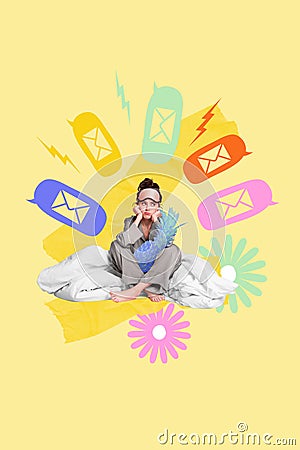 Colorful painting poster banner collage of annoyed girl no sleeping work notification letters clients reserve summer Stock Photo