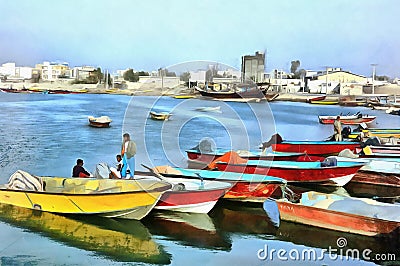 Colorful painting of traditional persian gulf ships Bushehr Iran Stock Photo