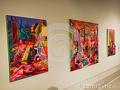 Colorful paintings on the wall of an Art gallery Editorial Stock Photo