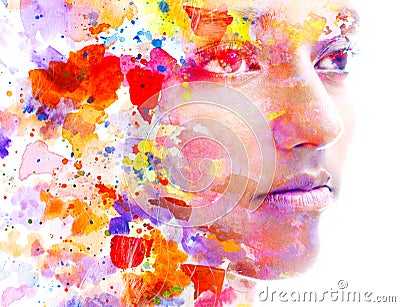 Colorful paintography half frontal portrait of a beautiful woman Stock Photo