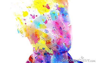 A colorful paintography male portrait silhouette in double exposure technique Stock Photo