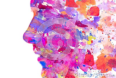 A colorful paintography male profile silhouette in double exposure technique Stock Photo