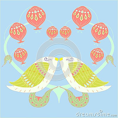 Colorful pair loving birds on blue for print, for decorated, for wedding Vector Illustration