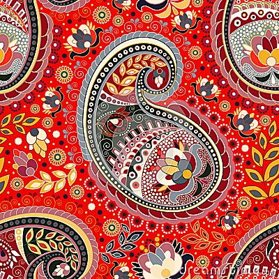 Colorful Paisley seamless pattern. Red Indian backdrop Vector Illustration