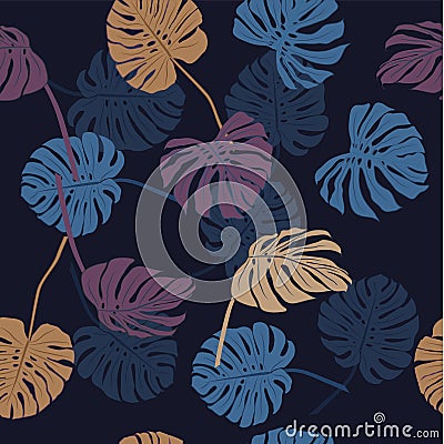 Colorful palm leaves on the navy background. Cartoon Illustration