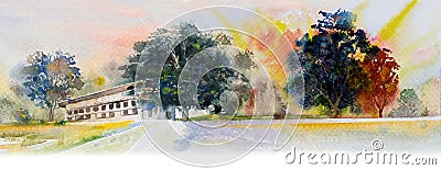 Colorful panorama background. Watercolor landscape painting Stock Photo