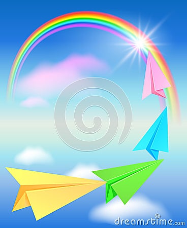 Colorful paper airplane and rainbow Vector Illustration