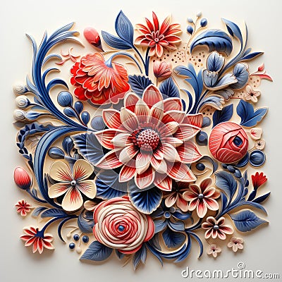 Colorful Paper Cut Floral Design: Realistic And Detailed Rendering Cartoon Illustration